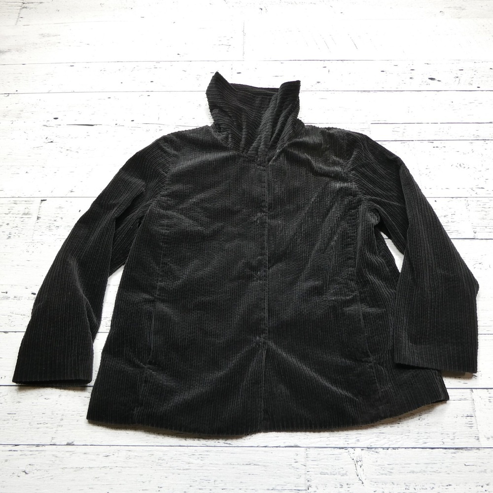 Eileen Fisher Corduroy Jacket‎ Womens Large Black Snap Up Satin Lined